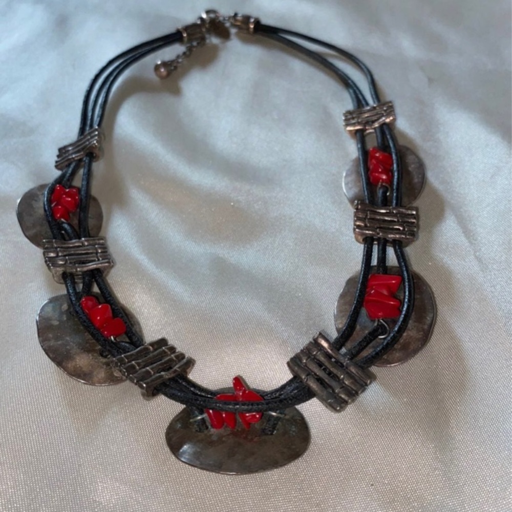 Chico's corded necklace with silver accents and red beads